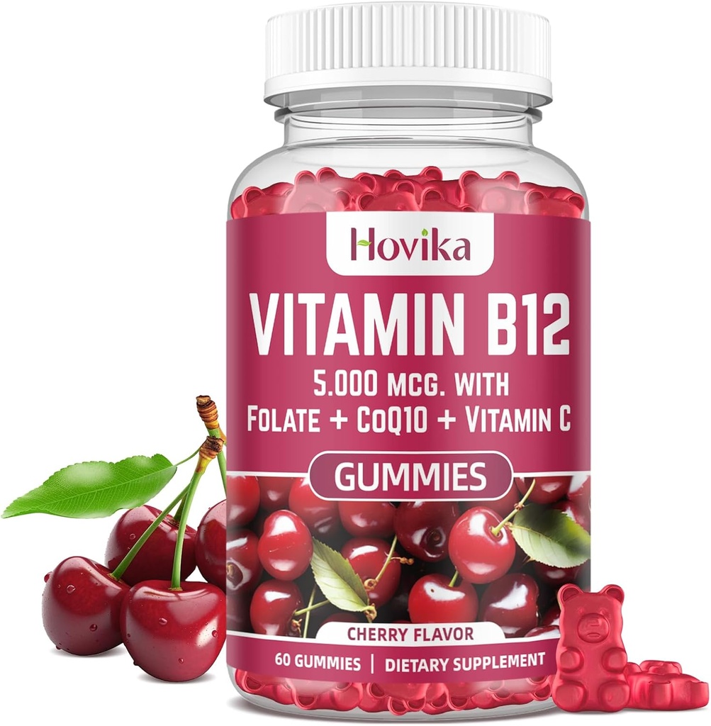 Vitamin B12 Complex 5000 mcg Methyl B12, Adenosyl B12 & Hydroxy B12, med Coenzym Q10, Folate, C-vitamin, Chewable B 12 for Energy Support, Metabolisme, Bone Health - Cherry Flavor