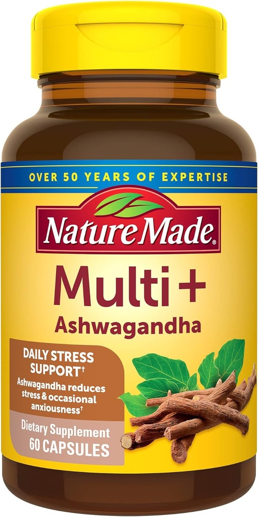 Nature Made Multi + Ashwagandha, Multivitamin til kvinder & mænd til daglig stress Relief Support, Multivitamin til mænd & kvinder, En per dag Herre & kvinder Vitamin, 60 kapsler, Brown
