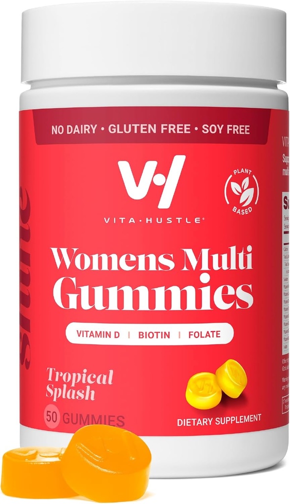 VitaHustle Dame Multivitamin Gummies, Vegan, Biotin, Folate, Kvinde Sundhed, Hår, Hud & Nails, Lavsukker, Ikke GMO, Tropical Splash, 50 Greve