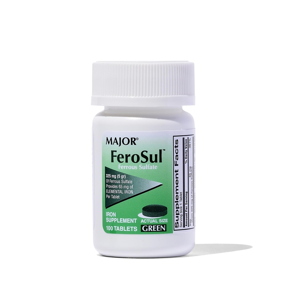 Major Ferosul - Ferrosulfate 325mg tabletter med 65mg elementært jern - jerntilskud til kvinder, mænd - grøn - 100 greve