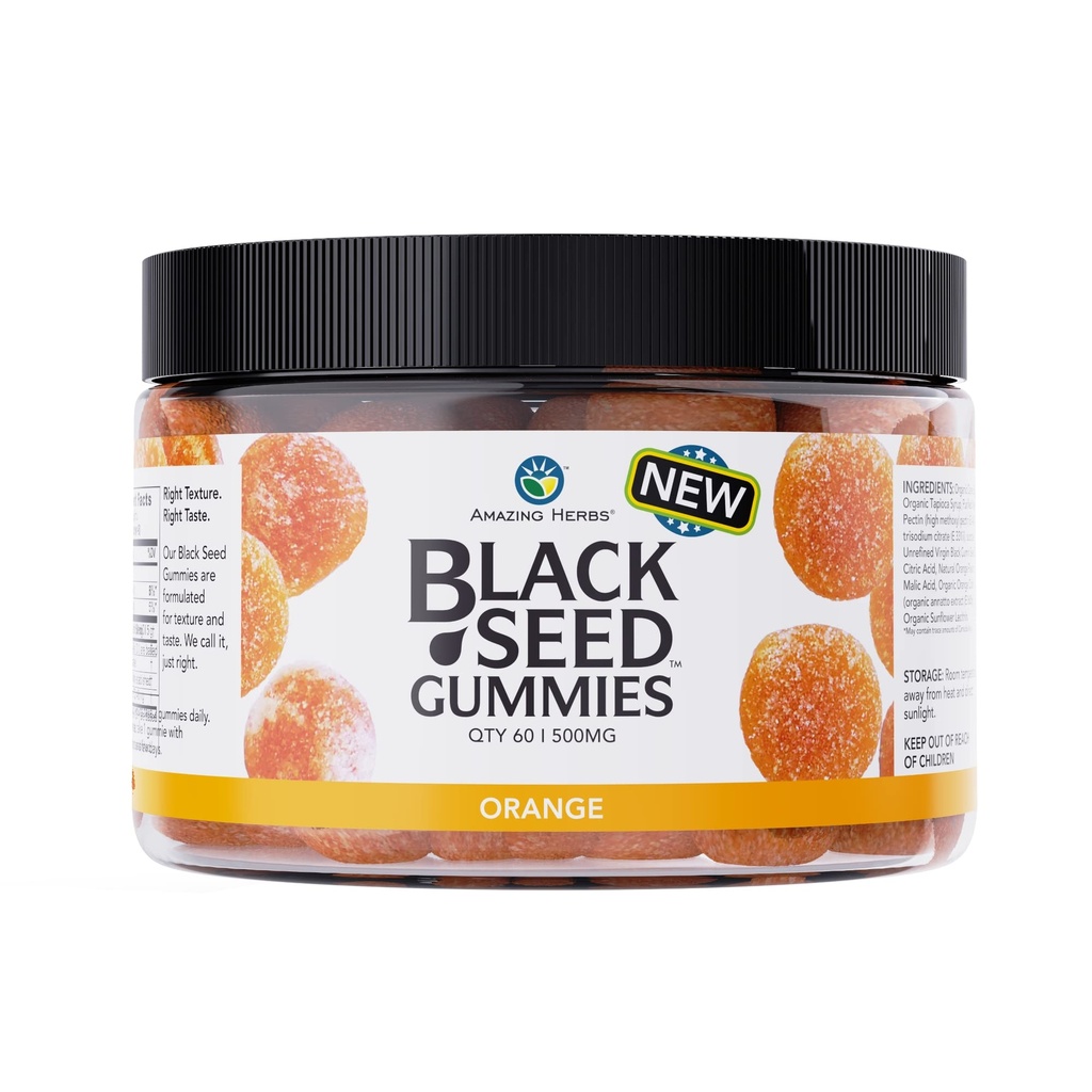 Amazing Herbs Organic Black Seed Oil Gummies - 500mg Per Servering, Cold Pressed Black Cumin Seed, Lavet med Nigella Sativa, Hjælper Boost Immunitet, Understøtter sund fordøjelse - Orange Flavor 60 Greve