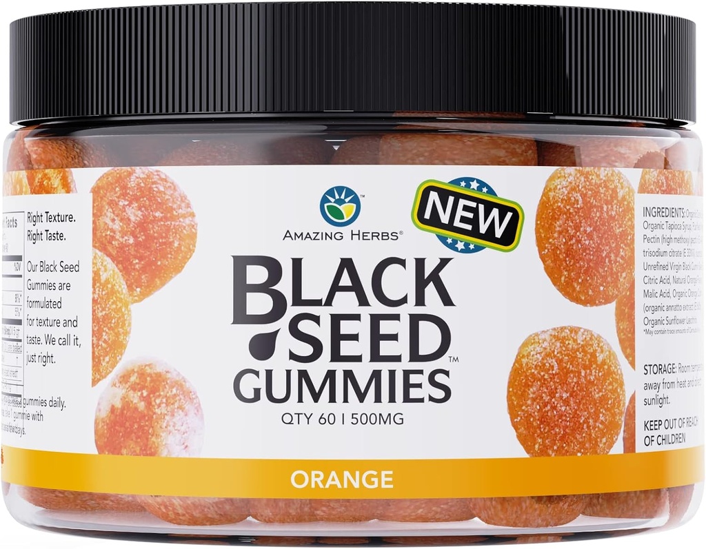 Amazing Herbs Organic Black Seed Oil Gummies - 500mg Per Servering, Cold Pressed Black Cumin Seed, Lavet med Nigella Sativa, Hjælper Boost Immunitet, Understøtter sund fordøjelse - Orange Flavor 60 Greve