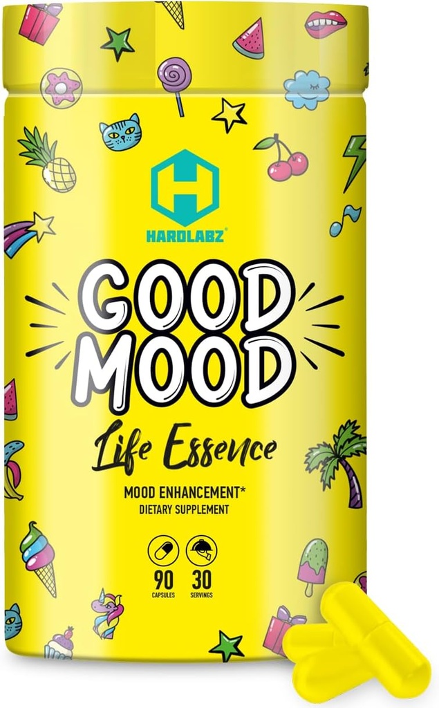 HARDLABZ Good Mood - Alle naturlige Nootrop med Lions Mane Mushroom og Urteudtræk til Kognitiv og Mental Support - Stress Relief, Brain Performance, Mood Enhancement, 90 Kapsler