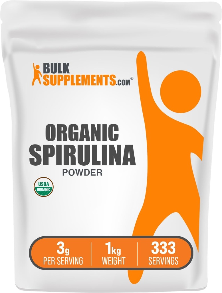 BulkSupplements.com Organic Spirulina Powder - Superfood, Green Spirulina Powder, Herbal Supplement - Vegan- Friendly, 3g per Serving, 1kg (2.2 lbs) (Pack of 1)