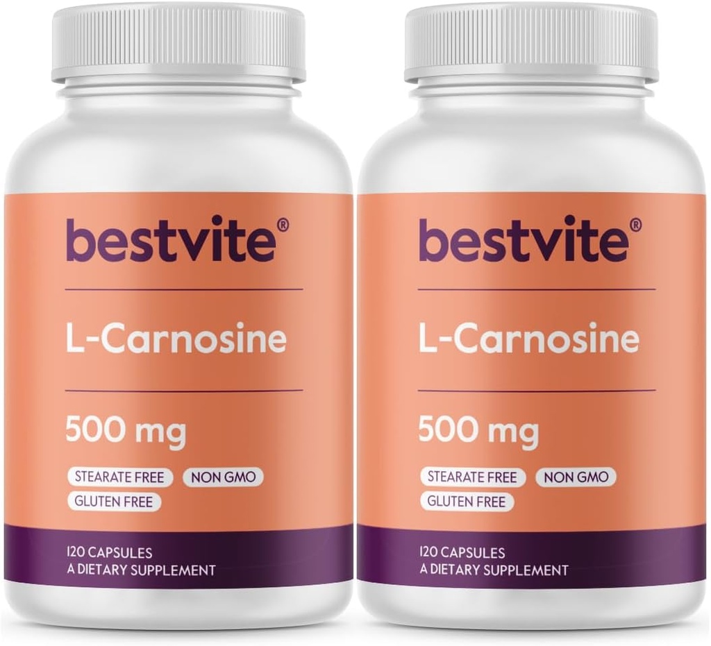 BESTVITE L- Carnosine 500mg (240 kapsler) (120x2) No Fillers - No Stearates - Non GMO - Gluten Free