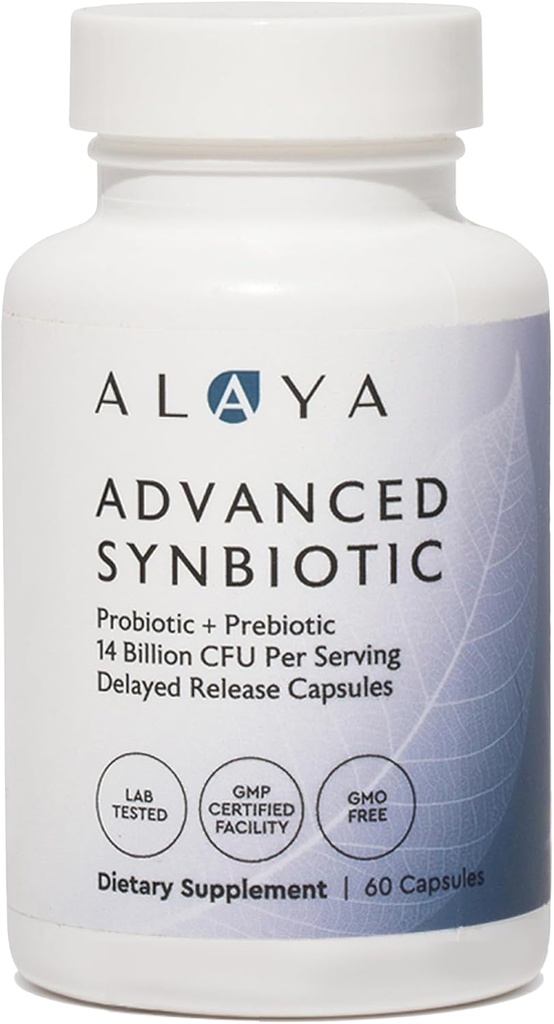 Alaya Naturals Advanced Synbiotic - Probiotic + Prebiotic - 14 milliarder CFU Delayed Release Probiotic Supplement med Prebiotika fra Sunfiber ®, og L- glutamin til Gut Lining Integrity - 60 kapsler