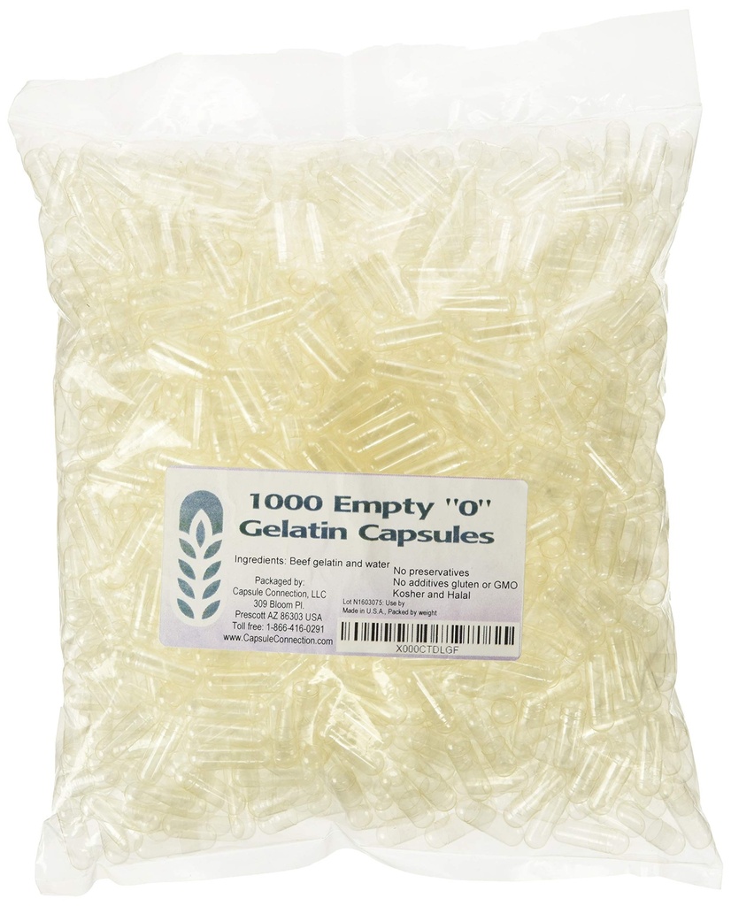 Capsule Connection 1000 Bulk "0" Empty Gelatin Capsules, USA-made, resealable bag