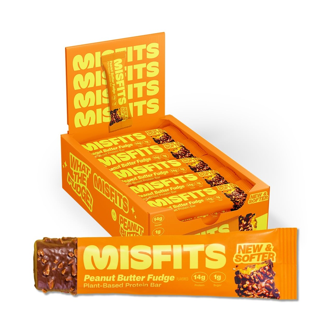 Misfits Vegan Protein Bars, Peanut Butter Fudge - Opdateret Opskrift Note 124; Plant baseret, Low Sugar & Carb, High Fiber Snacks