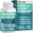 4- in- 1 Calciumtilskud til kvinder og mænd - Calcium med vitamin D3 K2 5000 IE Supplement, 601mg per servering - Gluten- fri, Vegan- Friendly (120 ct)