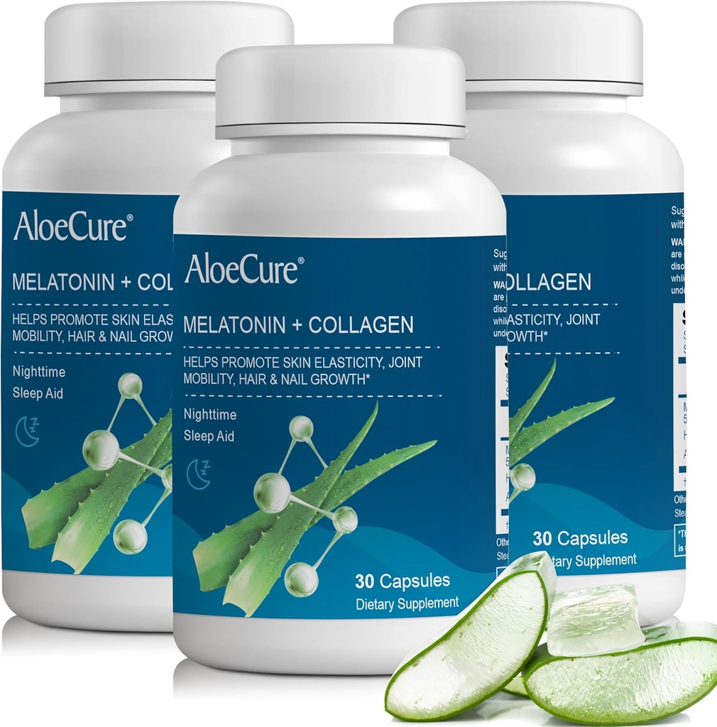 AloeCure Natural Melatonin + Collagen med Organic Aloe Vera - Natural Sleep Support for Rastful Nights - Collagen Complex for fælles styrke, Hud Elasticitet, Hår & Nail vækst, 30 kapsler