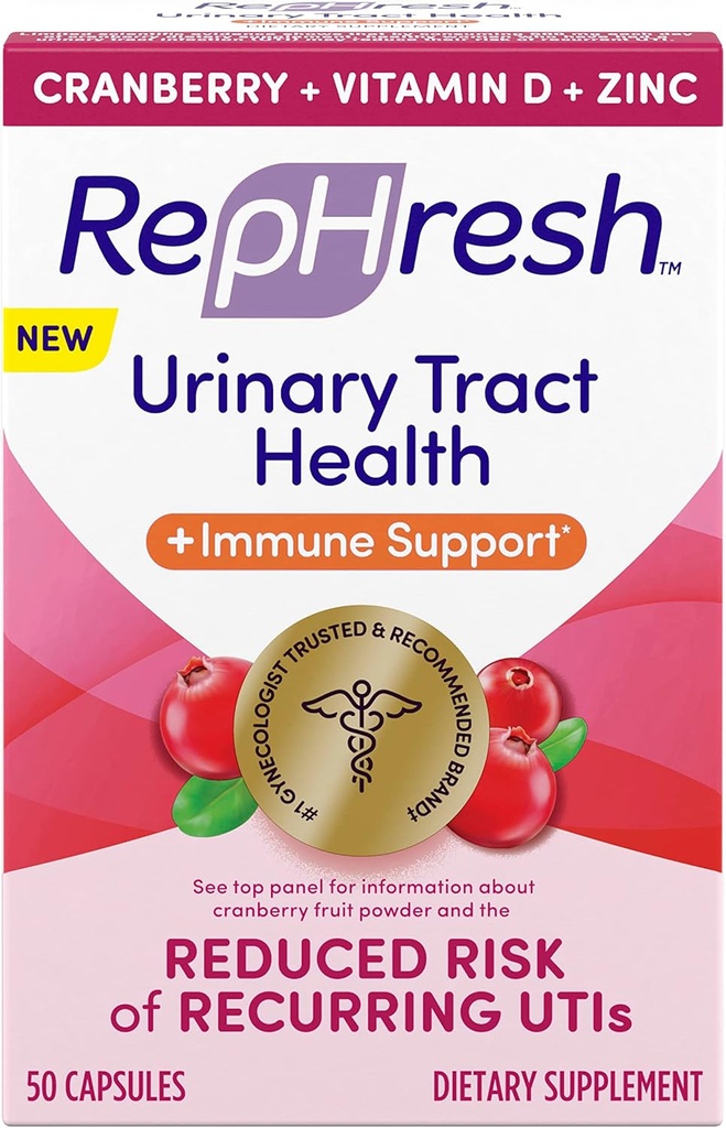 Rephresh Cranberry Urinary Tract Health Plus Immune Supplement, Blended with Vitamin D + Zinc - 50 Count