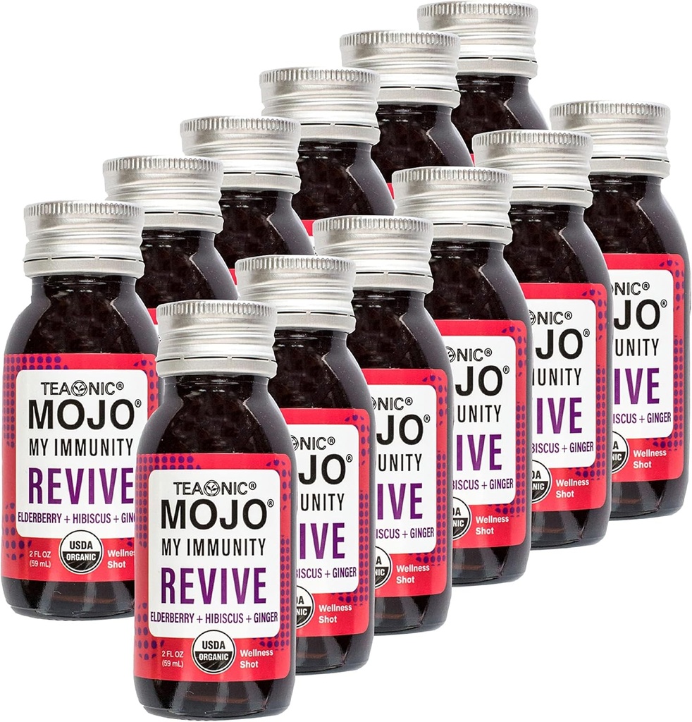 TEAONIC Min Immunity Mojo: Revive, Urte Juice, Urte Supplement med Elderberry, Hibiscus, og Ginger, USDA- Certified Organic, Vegan, Gluten- Free, 12 Pakker, 2 Fl. Oz Hver