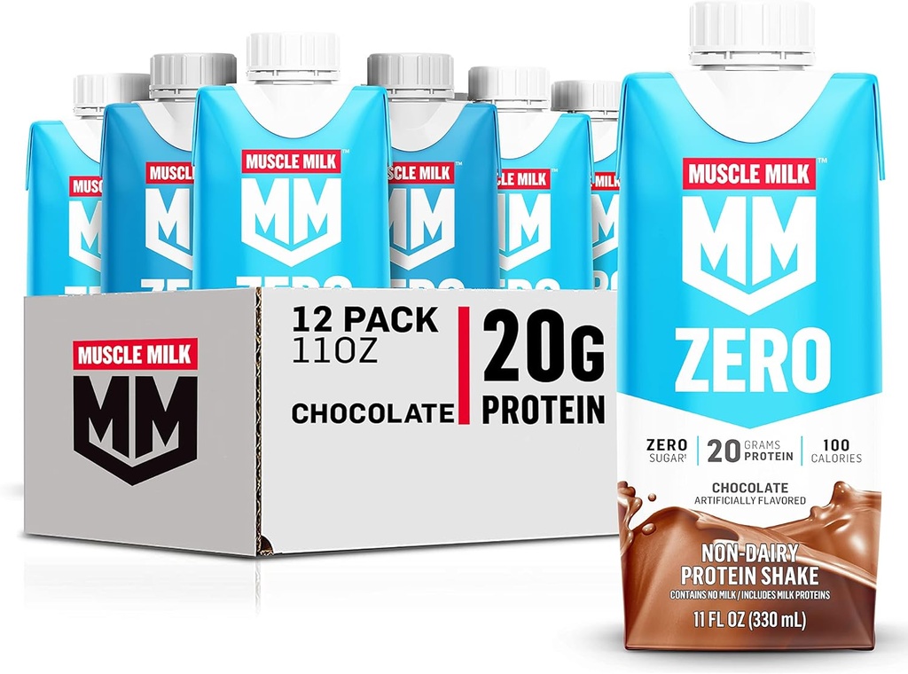 Muskelmælk Zero Protein Shake, Chokolade, 11 Fl Oz Carton, 12 Pack, 20g Protein, Zero Sugar, 100 Kalorier, Calcium, Vitaminer A, C & D, 4g Fiber, Energizing Snack, Workout Recovery, Packaging May Vary, 11 Fl Oz (Pack of 12)