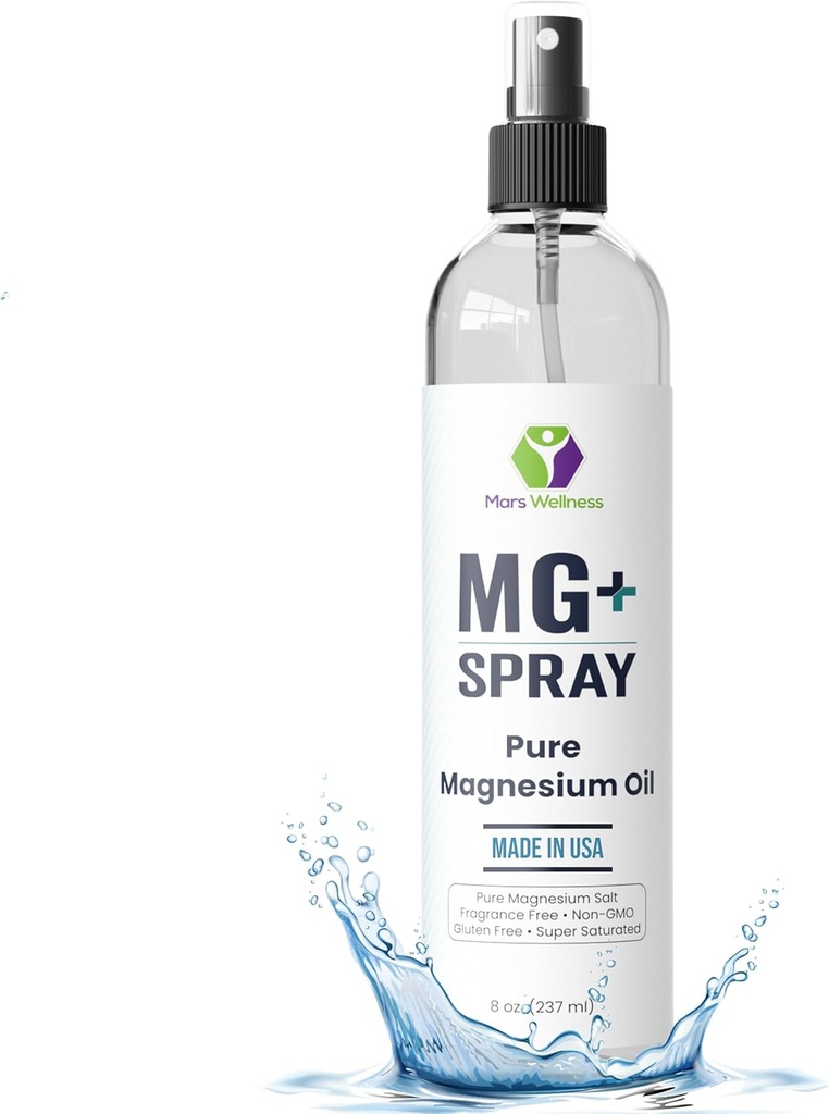 Mars Wellness MG + Pure Magnesium Oil Spray - Made in USA - 8 Ounce Topical Magnesium Spray til afslappende og foryngende muskler,