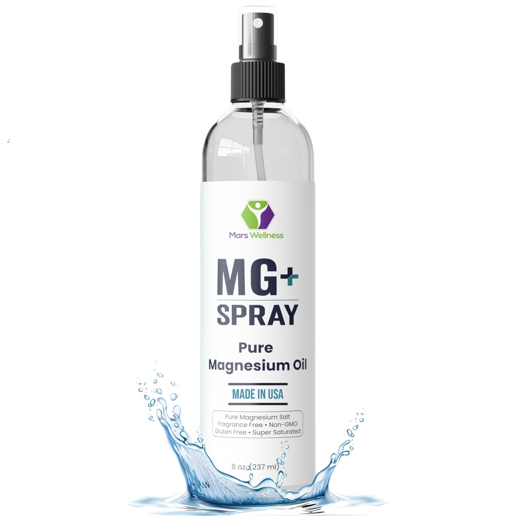 Topisk Magnesium Spray til søvn og ben kramper - Lavet i USA af Mars Wellness - 8 oz - Pure Magnesium olie, relæser og forynger muskler