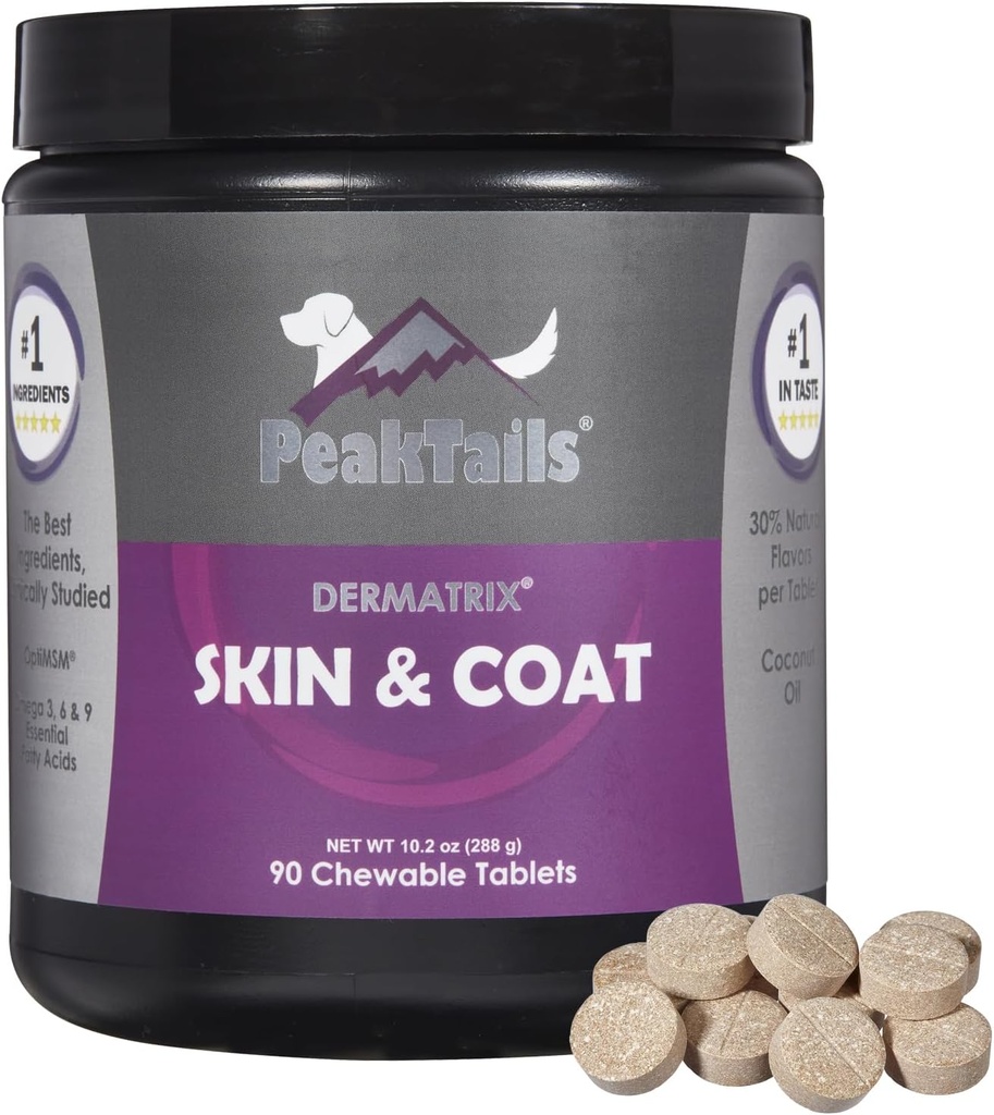 Kala Health PeakTails Skin & Coat Support til hunde - 90 tyggetabletter med MSM, Fish Oil, Omega-3 & Omega- 6 - Understøtter sund hud, skinnende Coat