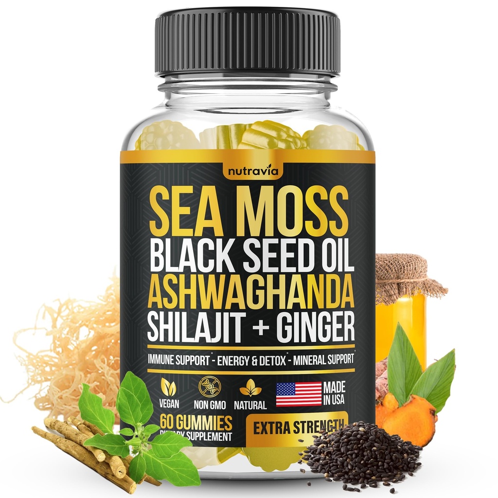 Sea Moss, Black Seed Oil, Ashwagandha, Ginger, Shilajit Gummies med Elderberry, Chlorophyll, Turmerisk Bladderwrack Sea Moss Gummies Advanced Strength Formel - Alt i 1 bundle - USA Made (60 Gummies)
