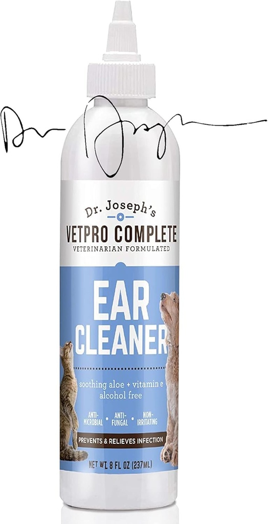 VetPro Komplet Dr. Joseph 's Hund Øre Cleaner, 8 Ounces, Gentle Hund og Kat Øre Rinse Solution Wash med Aloe Vera og E-vitamin, Hund Øre Drops til at fjerne voks og affald, Reducerer lugt, Easy Applikator