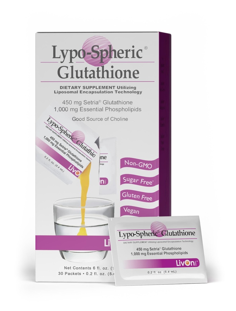 LivOn Laboratories Lypo- Spheric Glutathione - 30 Pakker - 450 mg Glutathion Per Packet - Liposome indkapslet for maksimal biotilgængelighed - Professionelt formeret - 100% Non- GMO