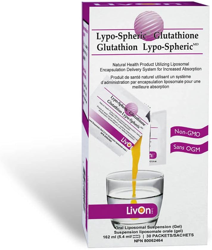 LivOn Laboratories Lypo- Spheric Glutathione - 30 Pakker - 450 mg Glutathion Per Packet - Liposome indkapslet for maksimal biotilgængelighed - Professionelt formeret - 100% Non- GMO