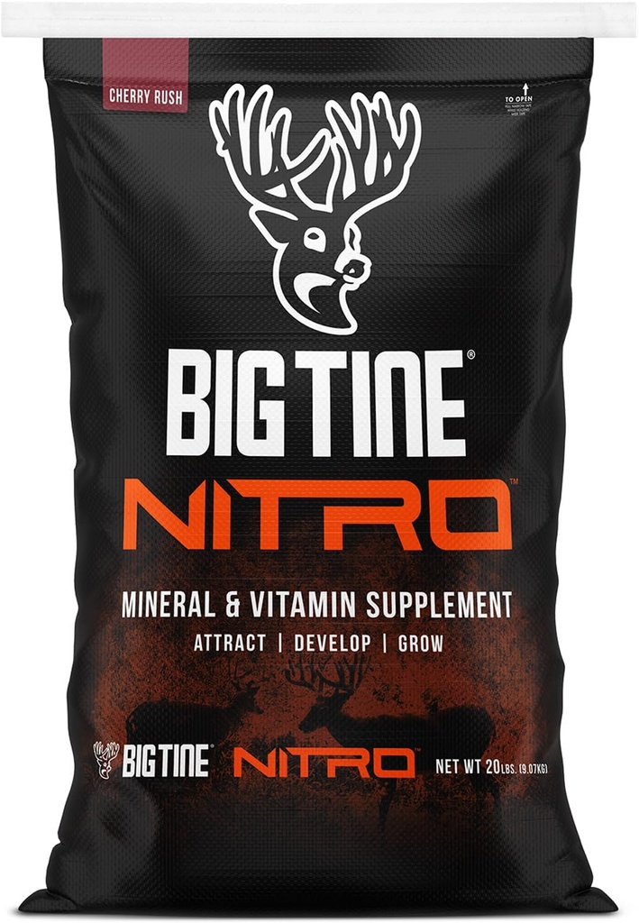 Big Tine Nitro, Deer Supplement, 20 lbs Bag, Cherry Rush Duft, Kraftfuld og lang holdbarhed Duft, Høj Biotilgængelighed, Pakket med vitaminer og mineraler