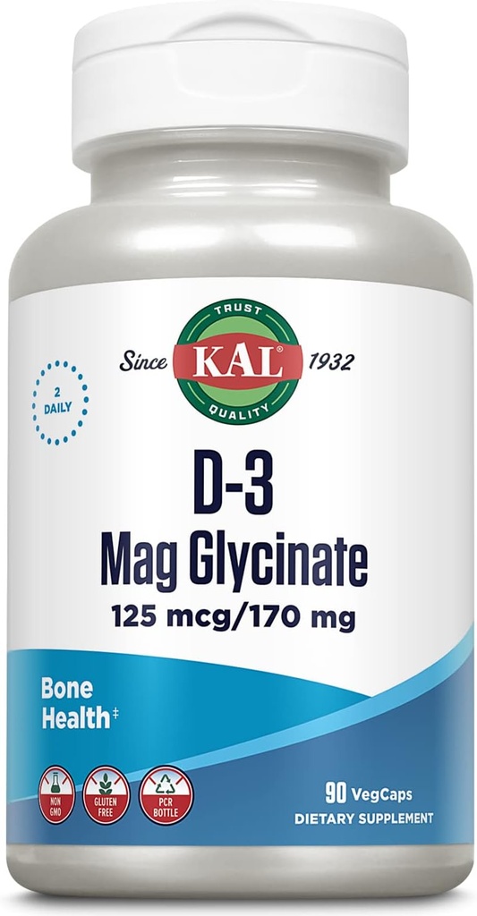KAL Vitamin D3 & Magnesium Glycinate, Forbedret Absorption Formel med BioPerine, Muskel & Bone Health Support, Immunsupport & Mere, Non- GMO, Gluten Free, 45 Servere, 90 VegCaps
