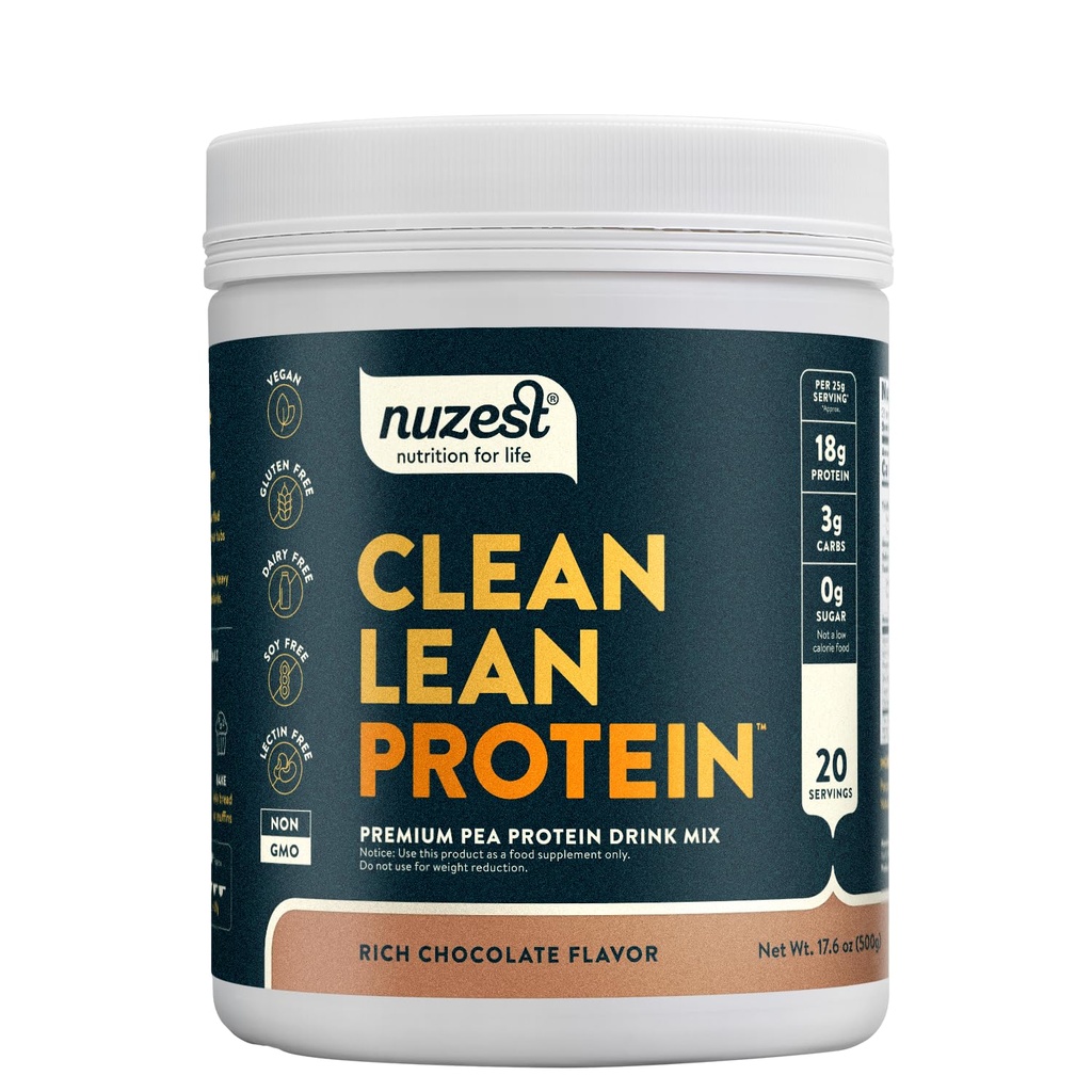 Nuzest - Pea Protein Powder - Clean Lean Protein, Premium Vegan Plant Protein Powder, Dairy Free, Gluten Free, GMO Free, Protein Shake, Rich Chocolate, 20 Serveringer, 1.1 lb