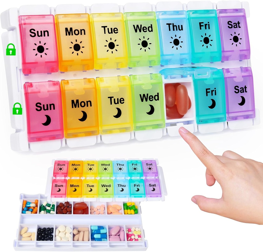 HRX Package Medicine Pill Boxes 7 Dag AM / PM, Easy Fill & Open Medication Organizer Vitamin Reminder Holder Dag og nat