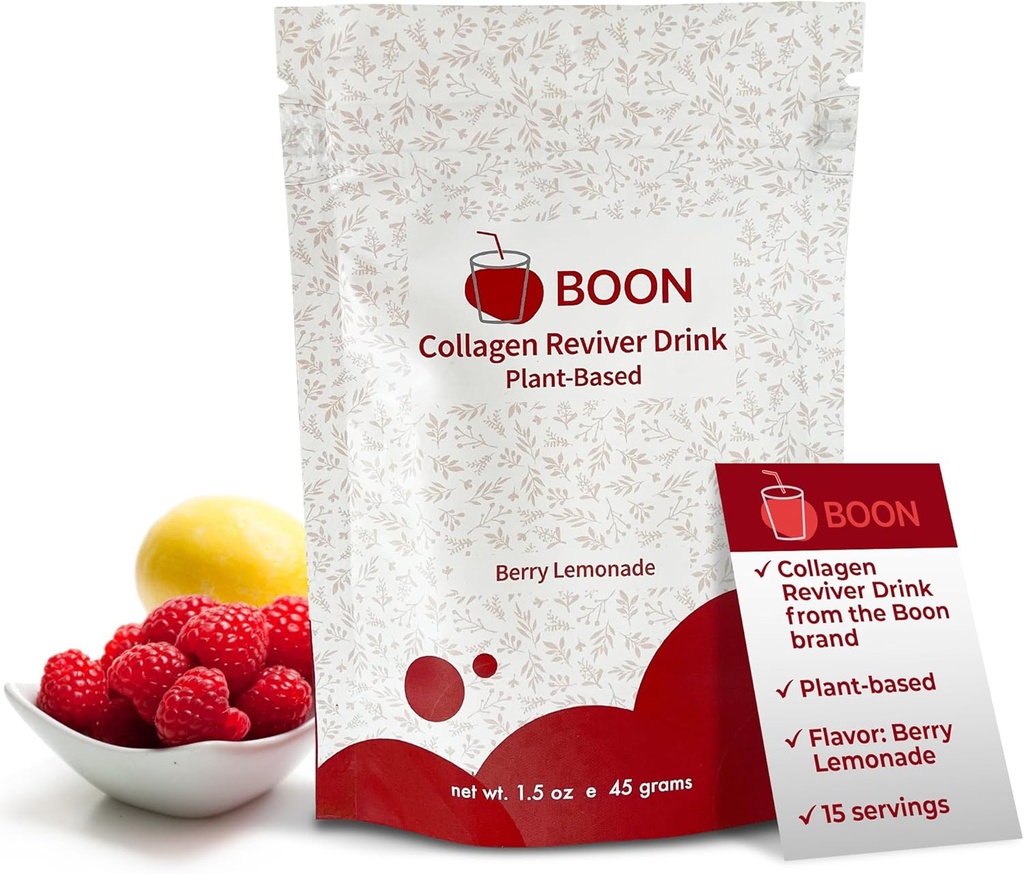 Boon Collagen Reviver Drink - Plantbaserede Collagen Booster supplement til smukke & strålende hud - Økologisk, Vegan Collagen pulver - Berry Lemonade Flavor, 15 Servere
