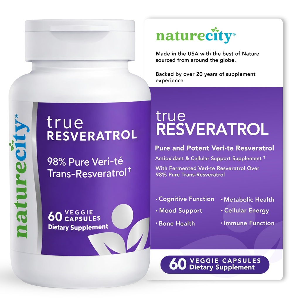 NatureCity TrueResveratrol - Resveratrol Supplement & Anti- Aging Support med 75 mg Trans- Resveratrol (98% Pure Veri- te) for hjerte, immunforsvar, ben og kognitiv sundhed