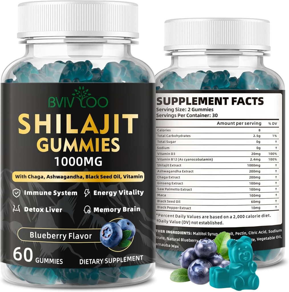 Shilajit Gummies for Mænd & Kvinder - Sugar- Free Shilajit Supplement Rich in 85 + Trace Minerals & Fulvic Acid, giver energi, hjerne, og Immunity Support - 60 Gummies