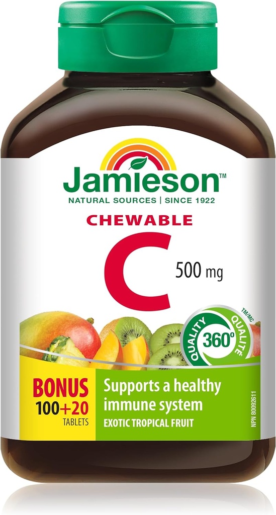 Jamieson Chewable Vitamin C 500 mg Exotic Tropical Fruit, 120ct, Imported from Canada}
