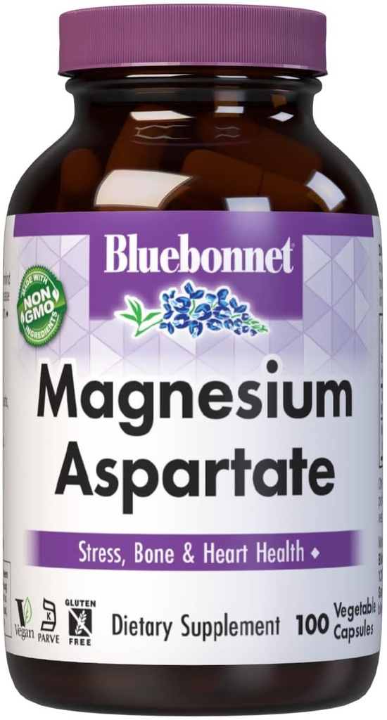 Bluebonnet Nutrition Magnesium Aspartat, Stress Relief *, Knoglehelbred *, Heart Health *, Non- GMO, Vegan, Kosher Certified, Gluten- Free, Soy- Free, Dairy- Free, 100 Vegetabilske kapsler, 50 Servere