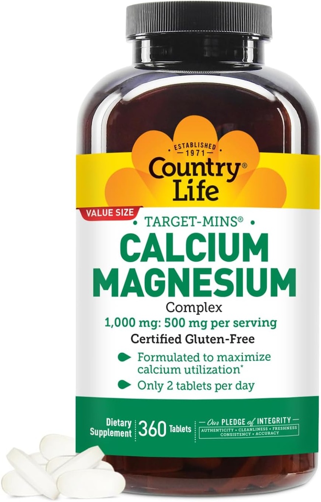 Country Life Target- Mins Calcium Magnesium supplement for ben sundhed, 1000mg Calcium, 500mg Magnesium, Gluten Free, 2: 1 Ratio for optimal udnyttelse