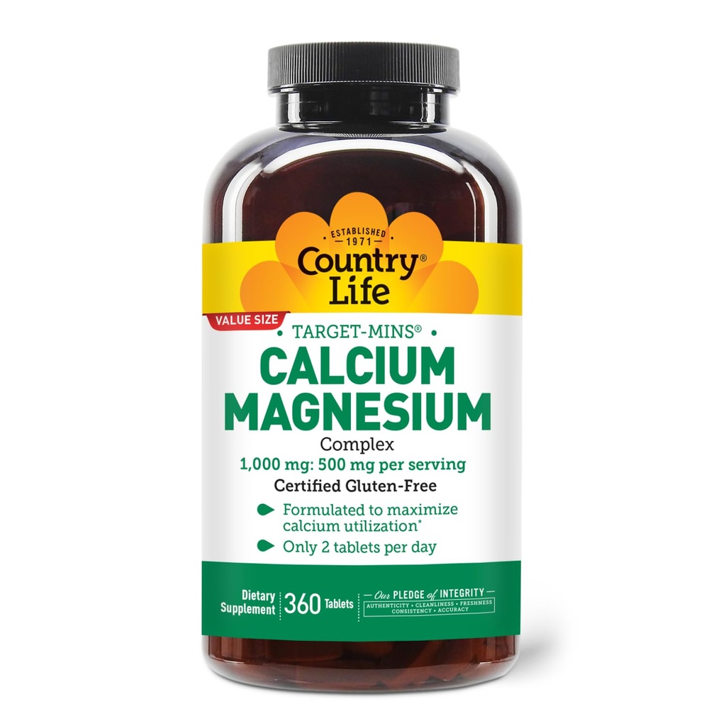 Country Life Target- Mins Calcium Magnesium supplement for ben sundhed, 1000mg Calcium, 500mg Magnesium, Gluten Free, 2: 1 Ratio for optimal udnyttelse
