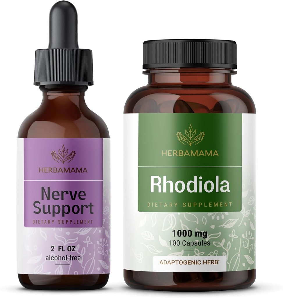 HERBAMAMA Nerve Support and Rhodiola Kit - Bundle of Nerve Support Liquid Complex 2 fl oz & Rhodiola Rosea Capsules - Vegan, non-GMO, Sugar & Alcohol- Free, 2 Pack