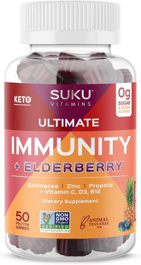 SUKU Vitaminer - Ultimate Immunity - Elderberry Echinacea og Propolis Gummies for immunforsvar, Let at tygge - Non GMO, Gluten Sugar Free - Pomegranate Lime Flavored Gummy Vitaminer, 50 Greve