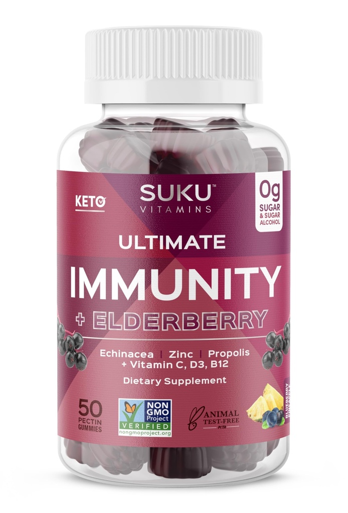 SUKU Vitaminer - Ultimate Immunity - Elderberry Echinacea og Propolis Gummies for immunforsvar, Let at tygge - Non GMO, Gluten Sugar Free - Pomegranate Lime Flavored Gummy Vitaminer, 50 Greve