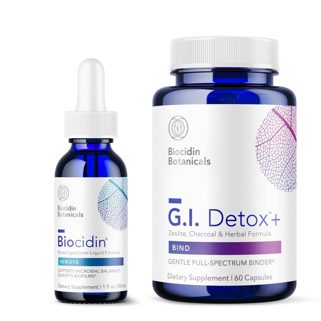 Bio- botanisk forskning Biocidin flydende formel (1 oz) med GI Detox + Gentle Binder - Two- Produkt afgiftning bundle til at understøtte clearing & fordampning - Assists in Toxin & Bioflum Removal