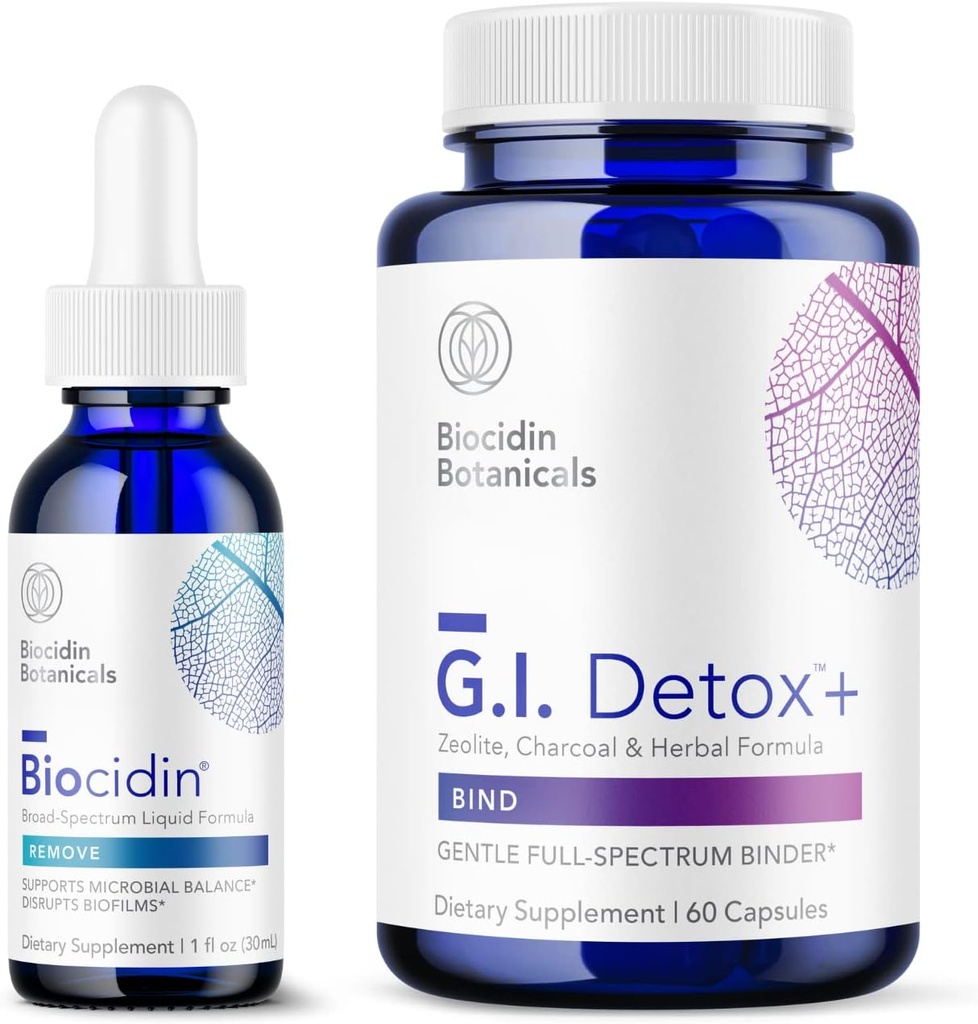 Bio- botanisk forskning Biocidin flydende formel (1 oz) med GI Detox + Gentle Binder - Two- Produkt afgiftning bundle til at understøtte clearing & fordampning - Assists in Toxin & Bioflum Removal