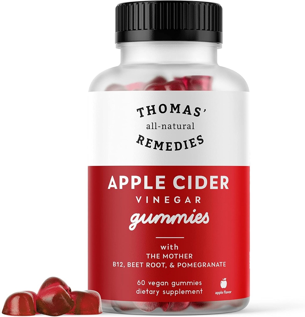 Thomas 'all- naturlige retsmidler Apple Cider Vinegar Gummies med moderen, ACV Gummies 1000mg, Beet Root, Pomegranat, B9 & B12 Vitamin Gummies, Gelatin- Free, Gluten- Free, Vegan & Non- GMO (60 Count)