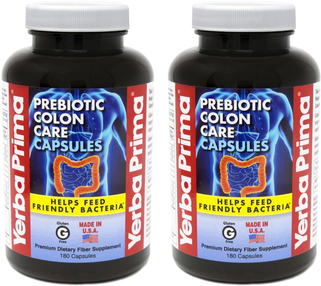 Yerba Prima Prebiotic Colon Care Capsules Dietary Fiber, 180 Count, (Pack of 2) - Fem former for Fiber Plus FOS Prebiotika supplement - Opløselig & uopløselig for regularitet & fordøjelsesstøtte