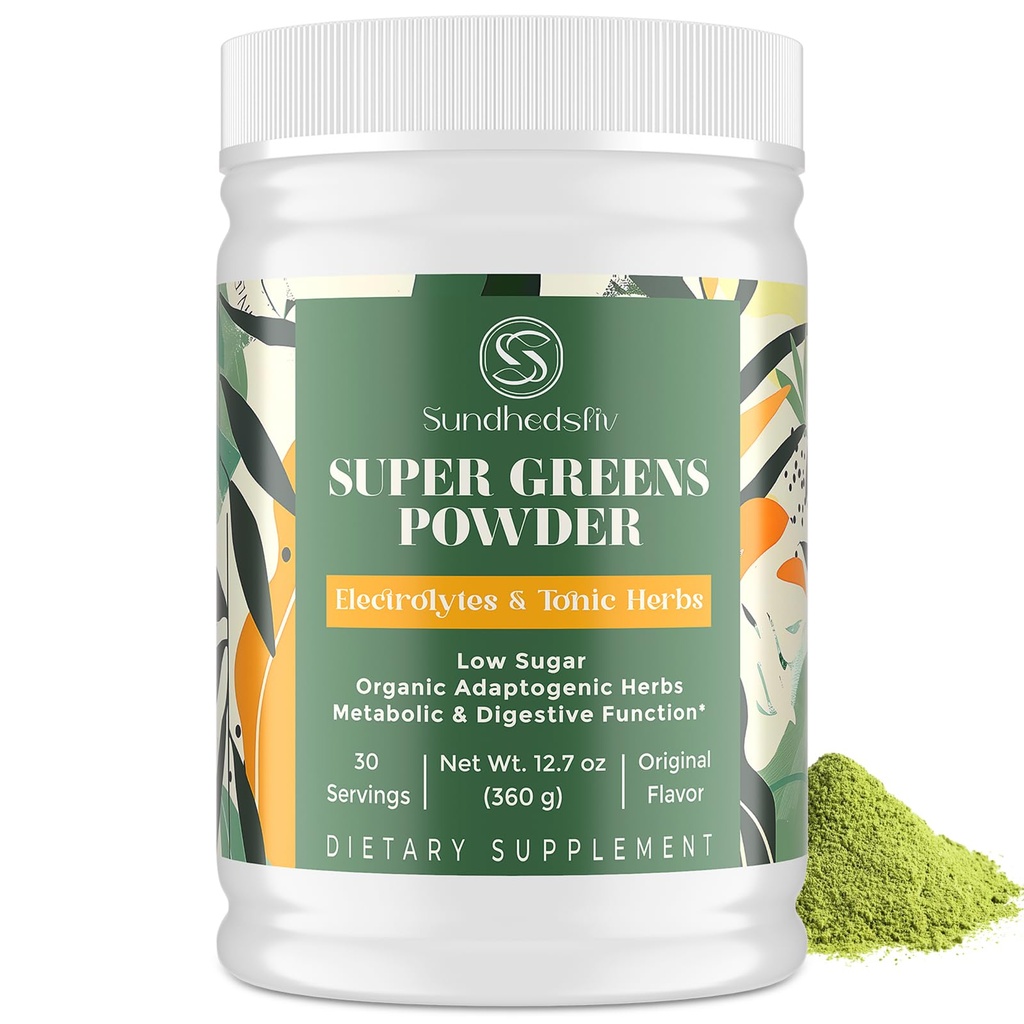 Super Greens Powder Superfood + Electrolytes & Tonic Herbs Б124; Organic Green, Shilajit, Adaptogens, Antioxidanter, Preobiotic & Probiotic & Postbiotic Б124; for Energy, Gut & Mumminated 124; Unflavored - 30 Serveringer