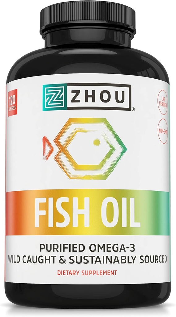 Zhou Fish Oil - Fish Oil Supplement for kvinder & mænd, Omega 3 Fedtsyrer, Naturlig kilde til DHA & EPA for voksne, Burpless, Pure, Heart & Joint Health - 120 Softgels