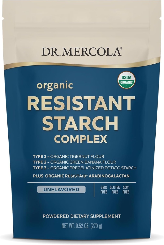 Dr. Mercola Organic Resistent Starch Complex - Understøtter Gut & immunforsvar - Økologisk Grøn Banan, Tigernød Mel & Kartoffel Stivelse - Glutenfri & Soy- Free - Unflavored - 9,52 oz (30 Servere)