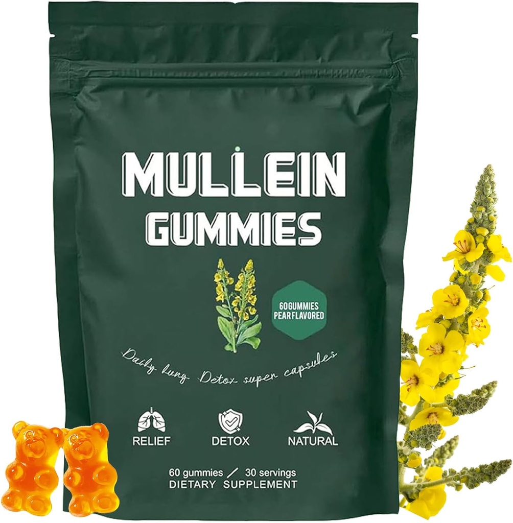 Mullein Gummies, Daily Respiratory Health Gummies, 1000mg Mullein Leaf urteekstrakt, Pære Flavor, Lung Health & Sinus Relief (30 dages forsyning)