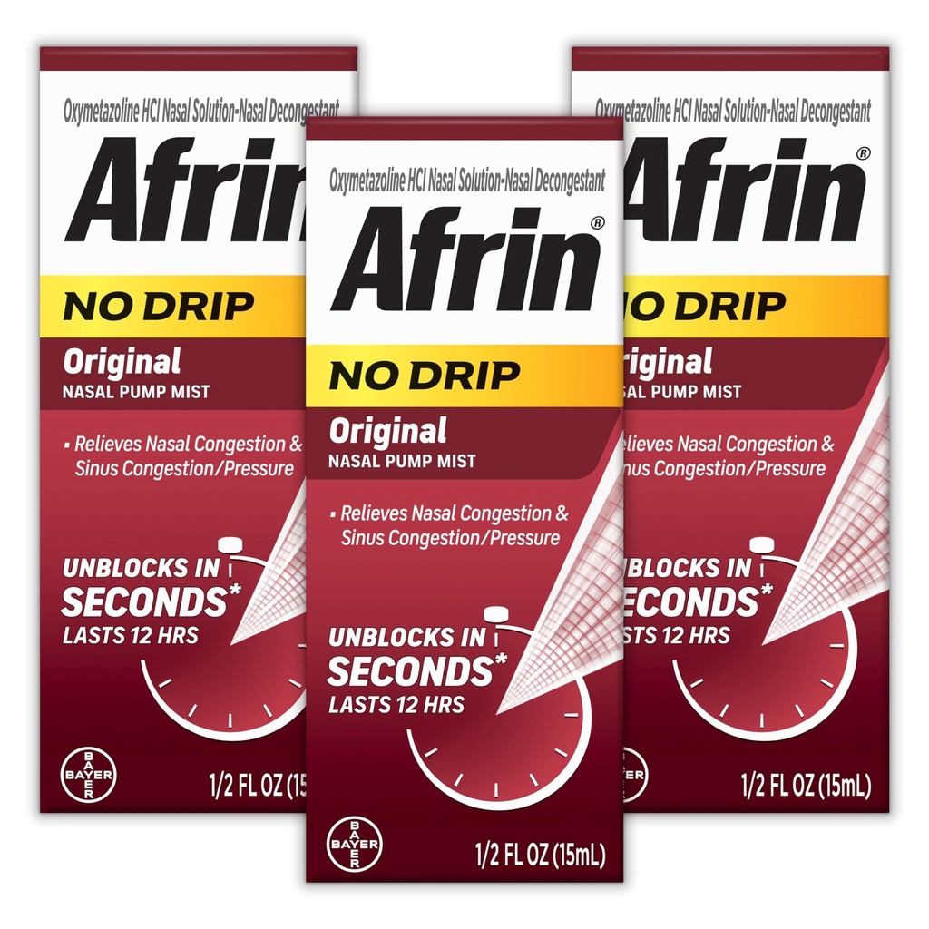 AFRIN No Drip Original Nasal Mist Triple Pack, Non- Drowsy, Fast- Fungerende Decongestant for Nasal Congestion og Sinus Pressure Relief, Voksne og Børn 6 og Ældre, .5 fl oz (Pack af 3)