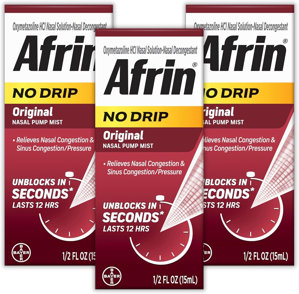 AFRIN No Drip Original Nasal Mist Triple Pack, Non- Drowsy, Fast- Fungerende Decongestant for Nasal Congestion og Sinus Pressure Relief, Voksne og Børn 6 og Ældre, .5 fl oz (Pack af 3)