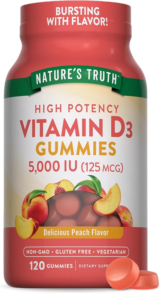 Nature 's Truth Vitamin D3 Gummies Dex124; 5000 IE Dex124; 120 Greve Dex124; Vegetarisk, Non- GMO & Gluten Free Supplement Dex124; Natural Peach Flavor, Pakning med 1