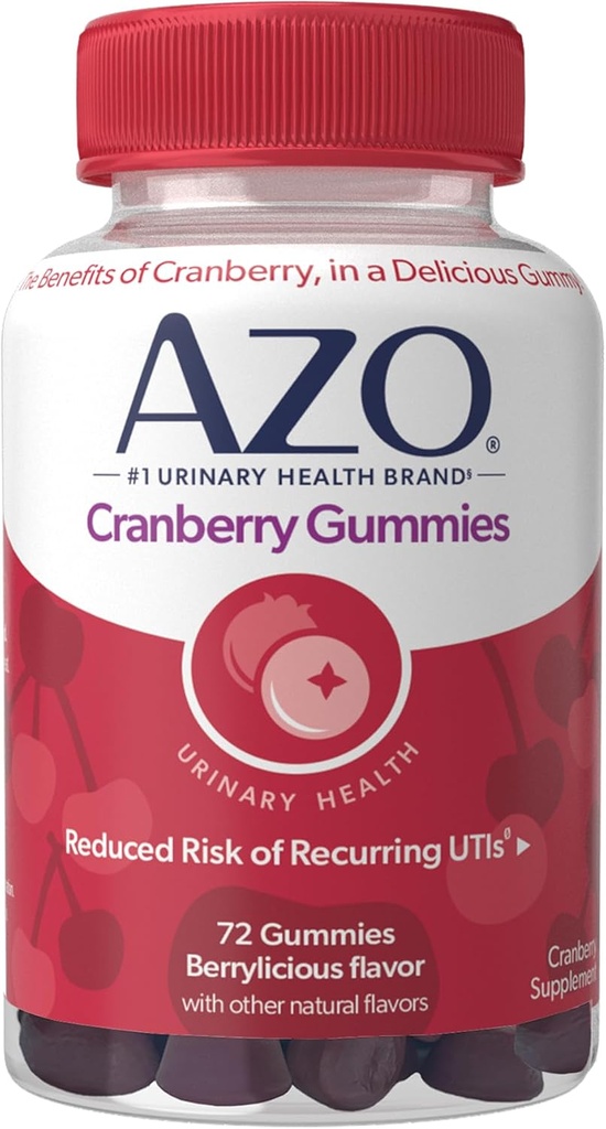 AZO Cranberry Urinary Tract Health Gummies Kosttilskud, 2 Gummies = 1 Glas af Cranberry Juice, Hjælper Cleanse & Protect, Natural Berrylicious Flavor, Non- GMO, 72 Gummies